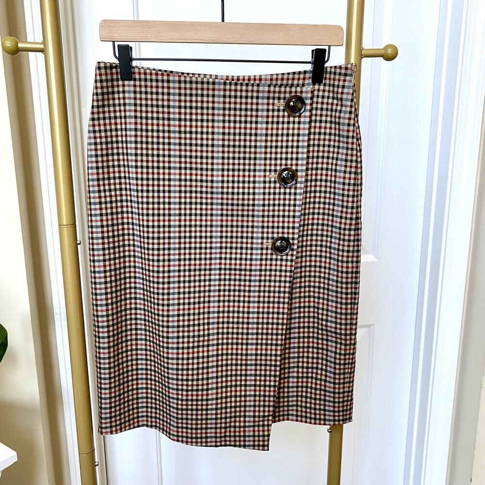 Ann Taylor Factory Plaid Faux Wrap Front Skirt Button Closure Size 6P - Picture 2 of 11